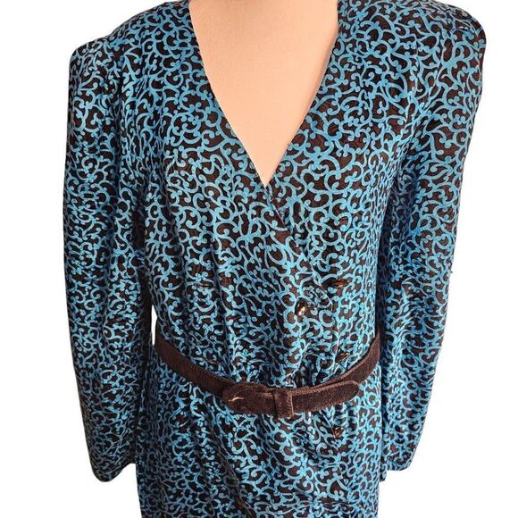 Vintage 80s Maggie London Dress Womens 8 Blue Black Silk Midi Drop Waist Peplum - Picture 4 of 8